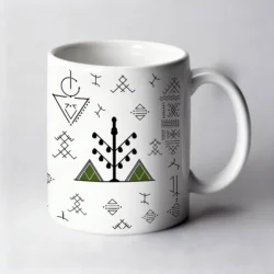 Mug 11oz - Tatouages Berbères - Blanc - Olivier Vert - by La Crafty House