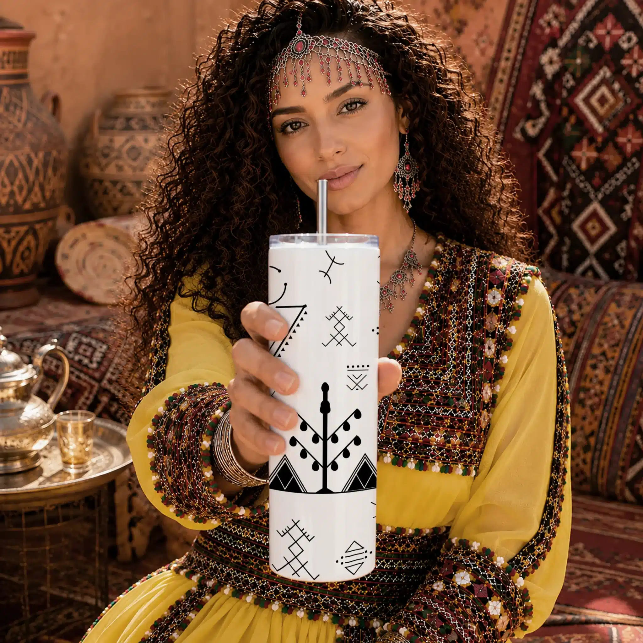 Tumbler 20oz – Tatouages Berbères - Olivier noir - by La Crafty House