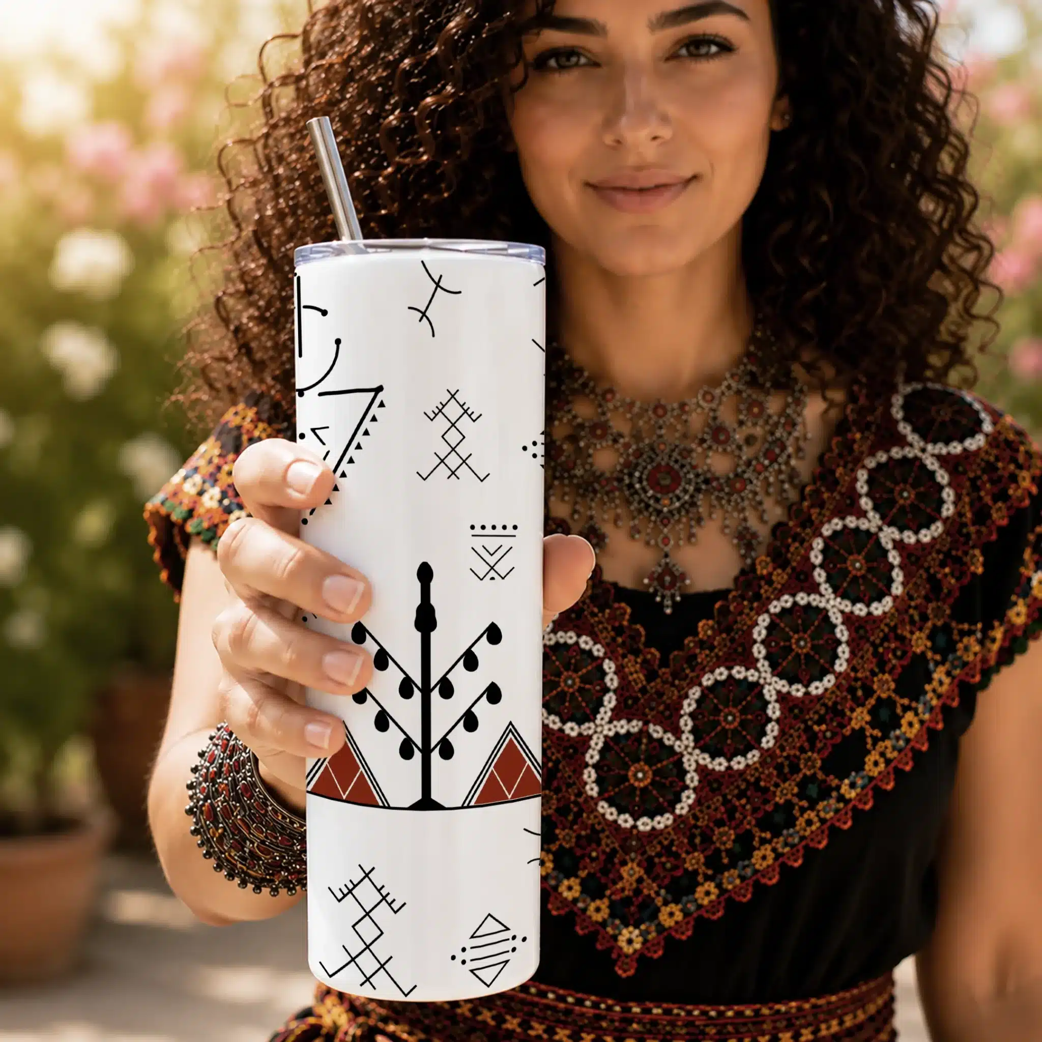 Tumbler 20oz – Tatouages Berbères - Olivier terracotta - by La Crafty House