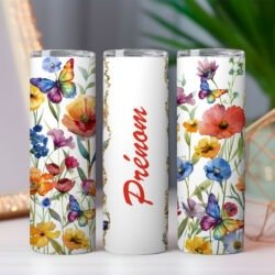Tumbler 20oz Fleurs et Papillons présenté sous trois angles avec l'emplacement du prénom by La Crafty House