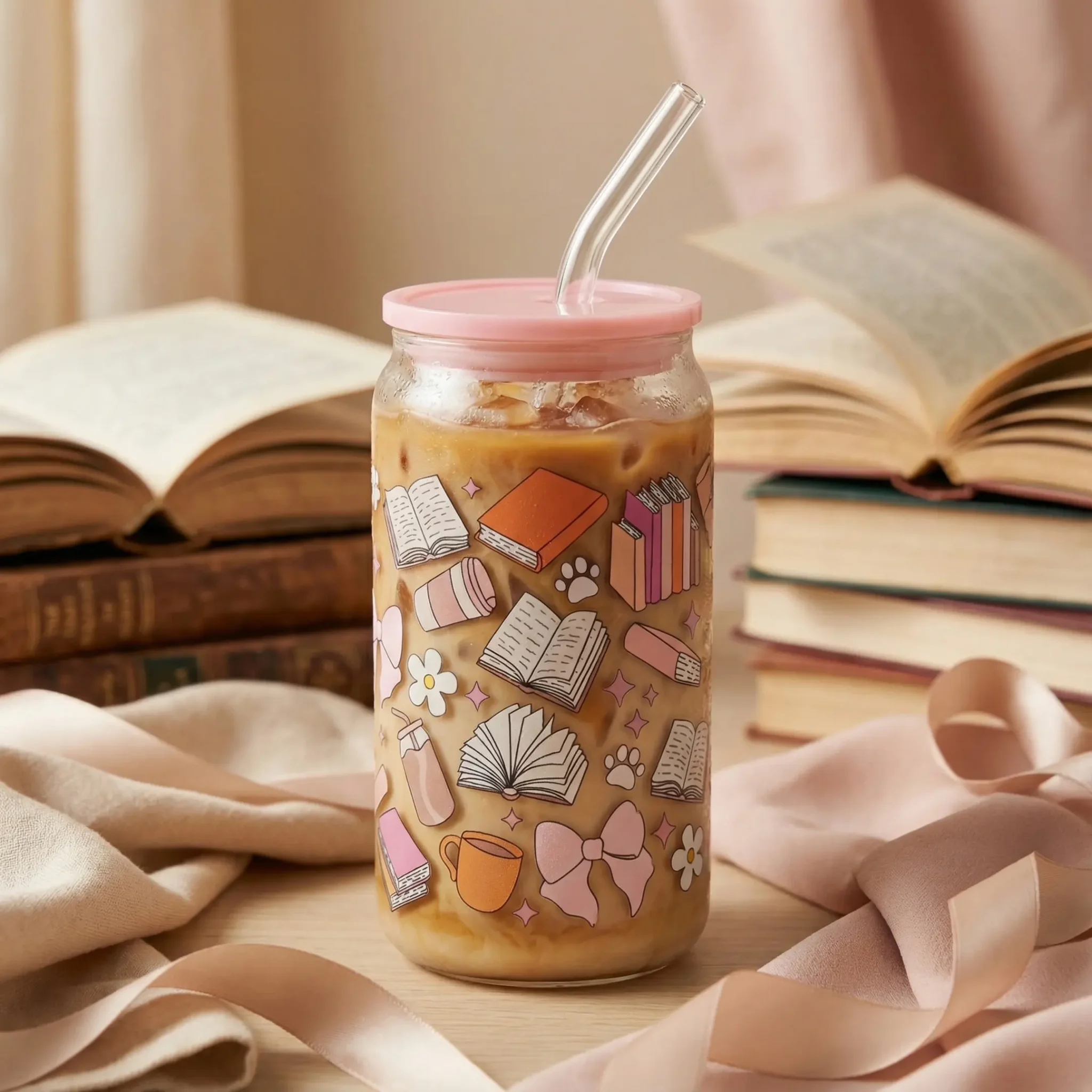 Gobelet canette transparent 16oz UVDTF - Charme des livres by La Crafty House