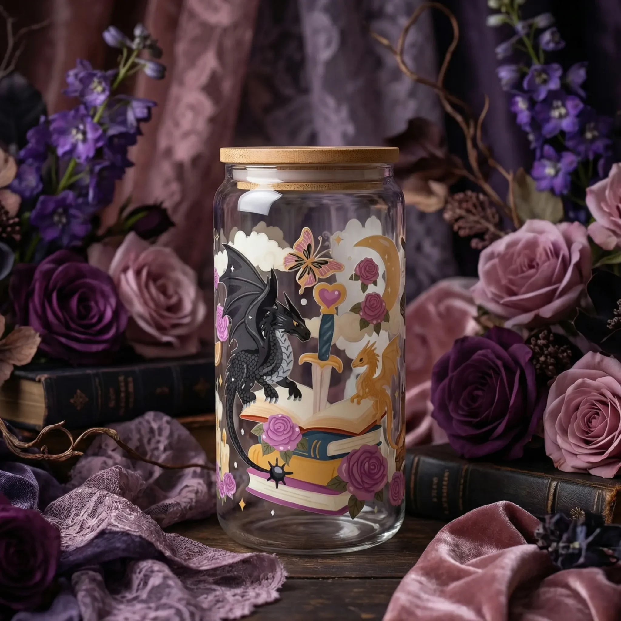Gobelet canette transparent 16oz UVDTF - Dragon Bloom by La Crafty House