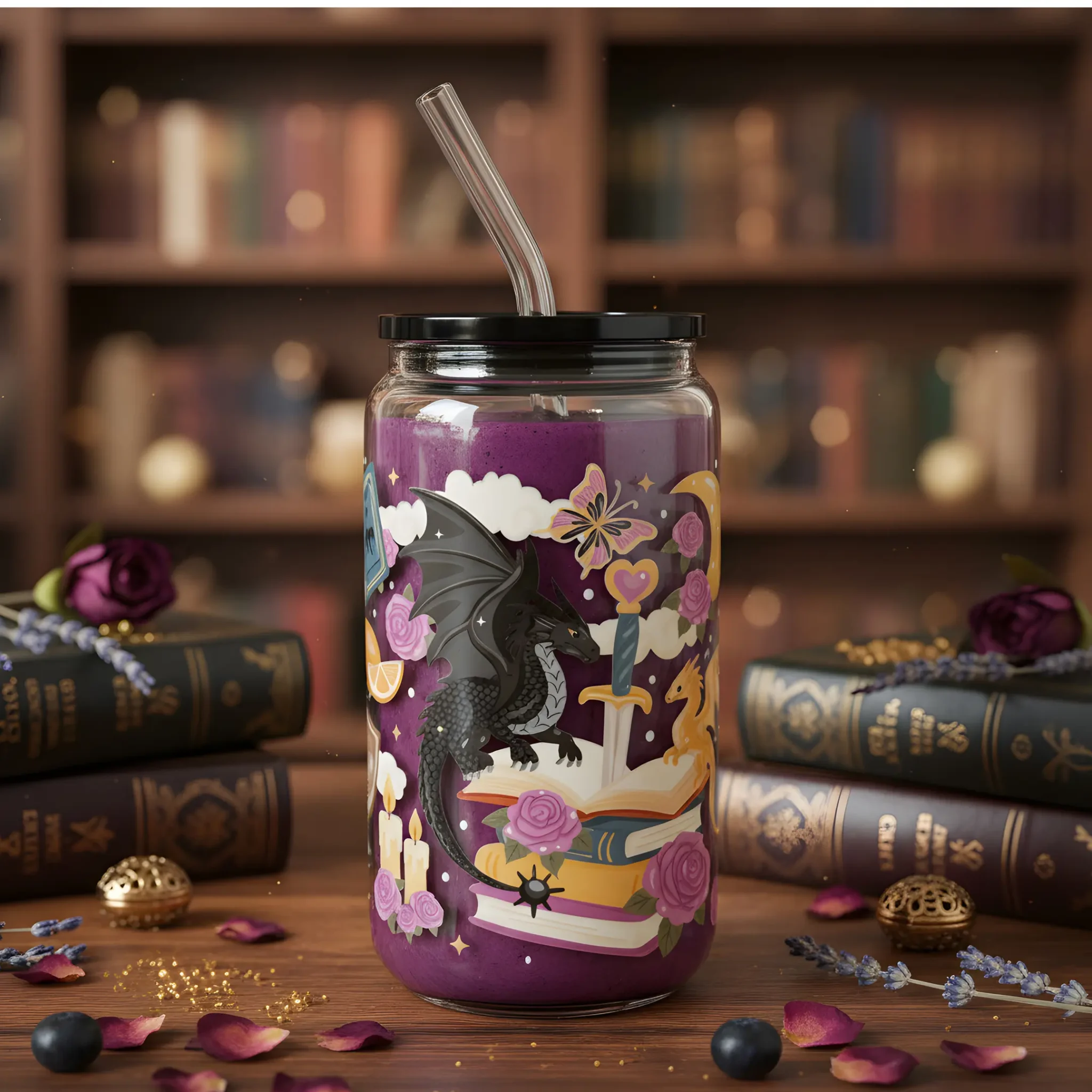 Gobelet canette transparent 16oz UVDTF - Dragon Bloom by La Crafty House