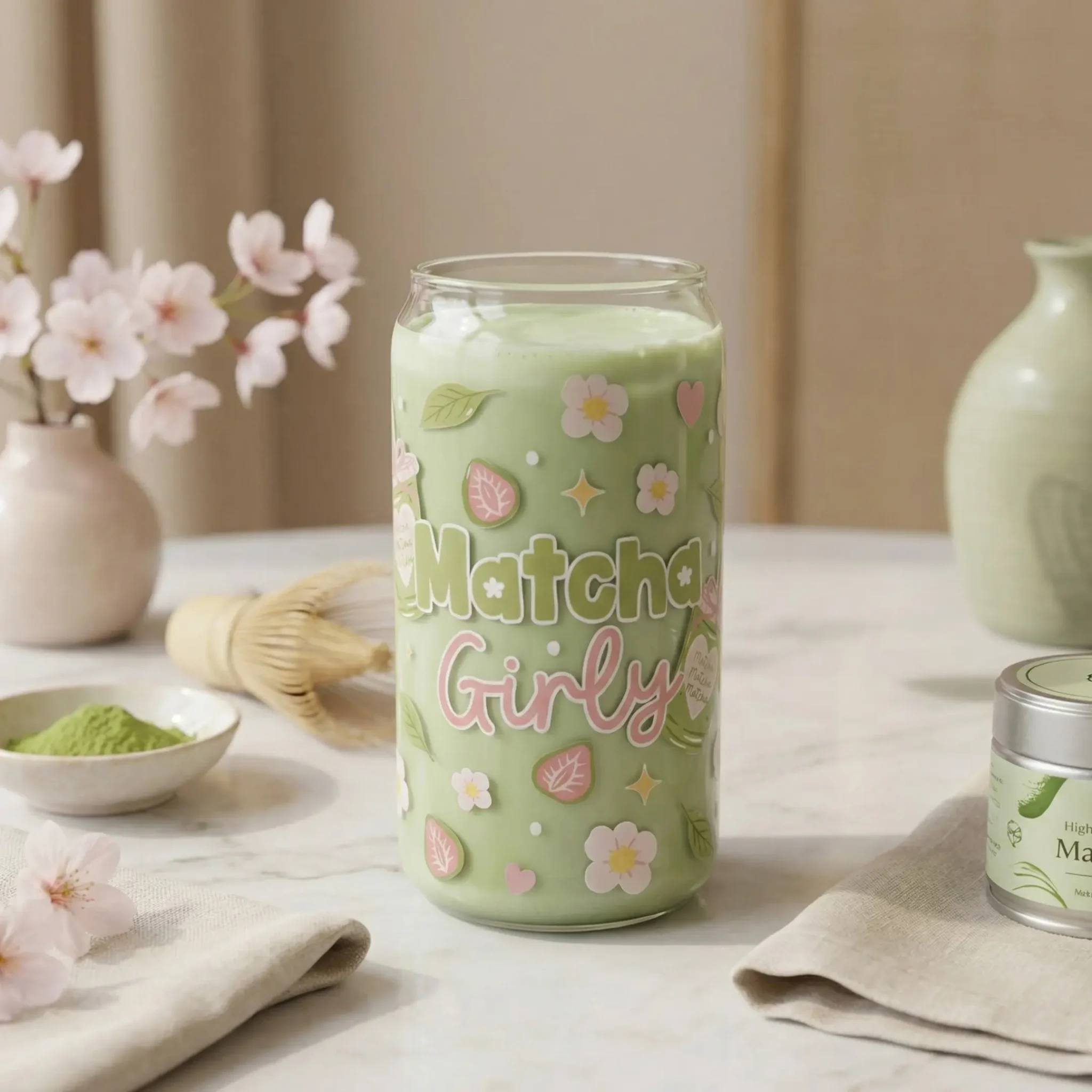 Gobelet canette 16 oz Matcha Girly, illustration matcha en vert sauge et rose poudré sur verre transparent, deuxième vue by La Crafty House