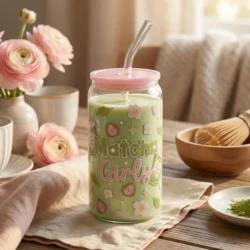 Gobelet canette 16 oz Matcha Girly, illustration matcha en vert sauge et rose poudré sur verre transparent, troisième vue by La Crafty House