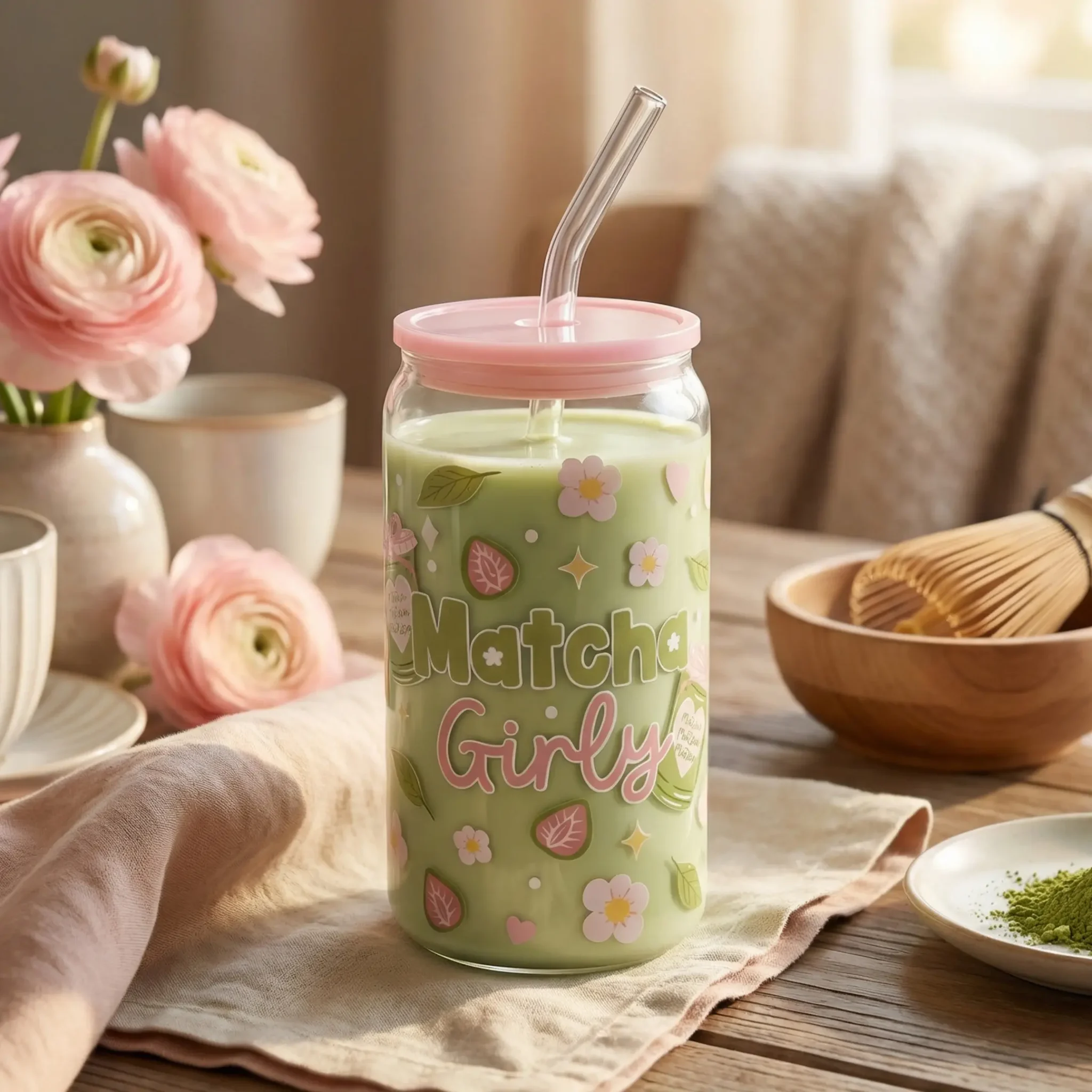 Gobelet canette 16 oz Matcha Girly, illustration matcha en vert sauge et rose poudré sur verre transparent, troisième vue by La Crafty House