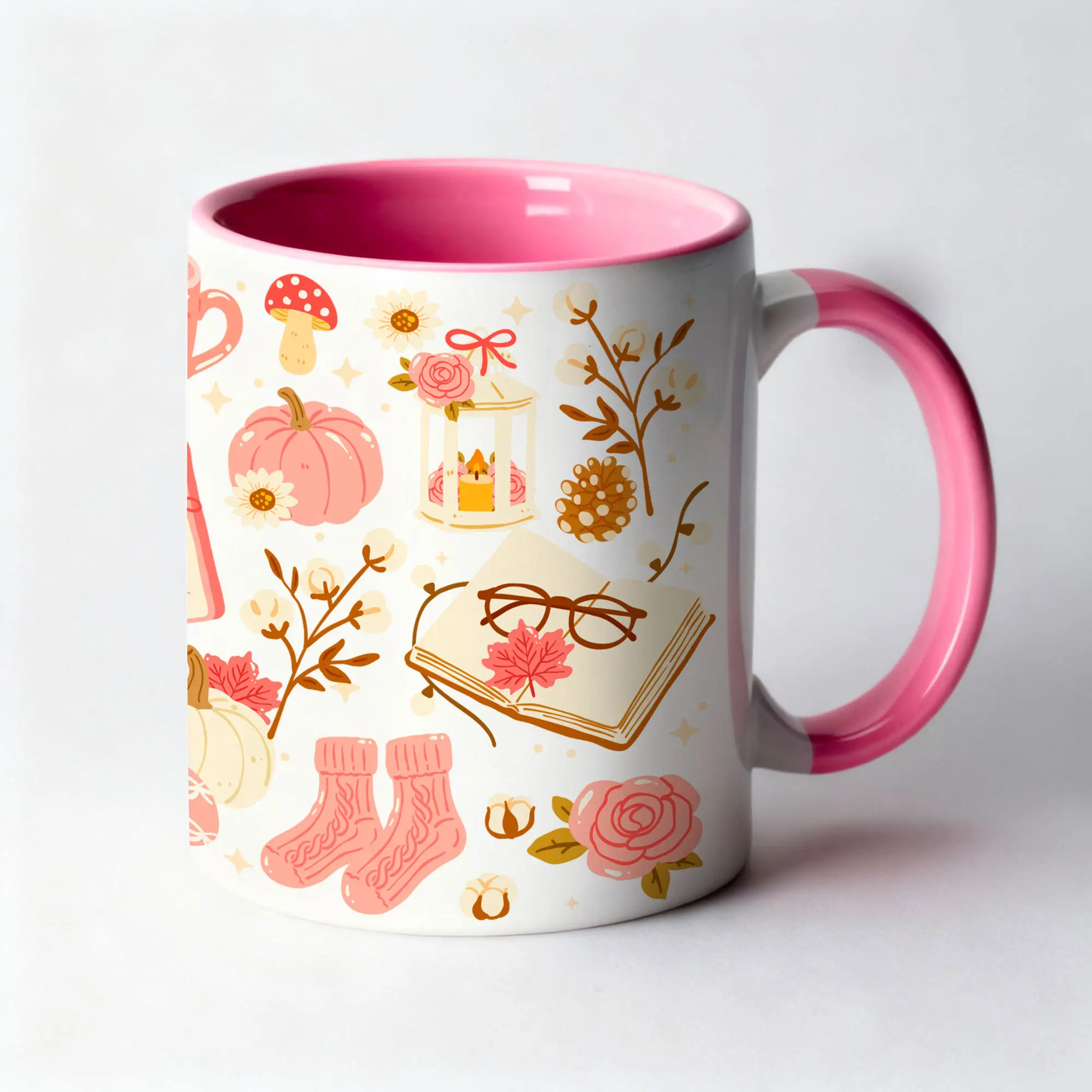 Mug 11oz Autumn Cocooning Bicolor Blanc Rose by La Crafty House