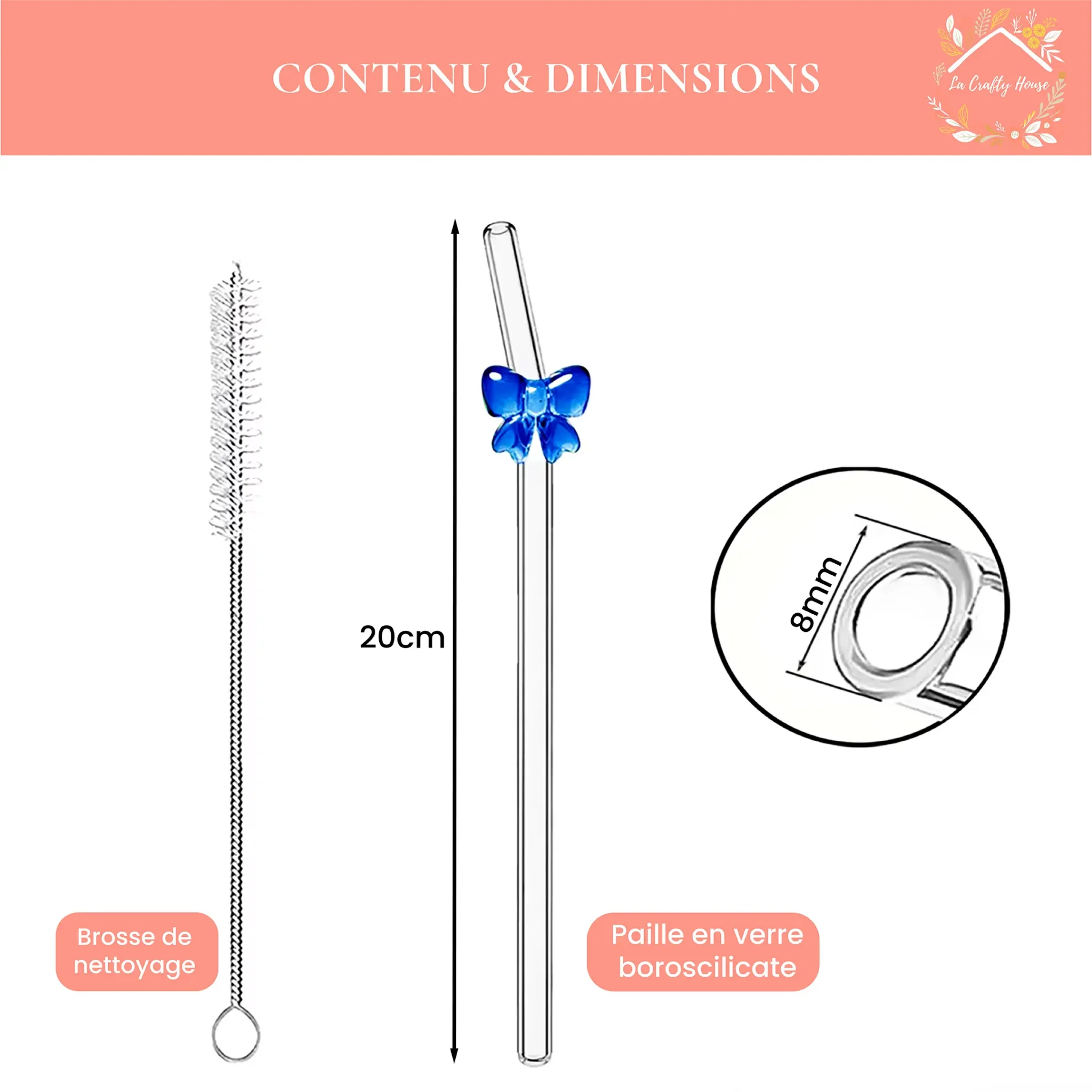 Contenu et dimensions de la paille en verre à nœud, 20 cm et brosse fournie by La Crafty House