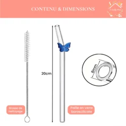 Contenu et dimensions de la paille en verre à papillon, 20 cm et brosse fournie by La Crafty House