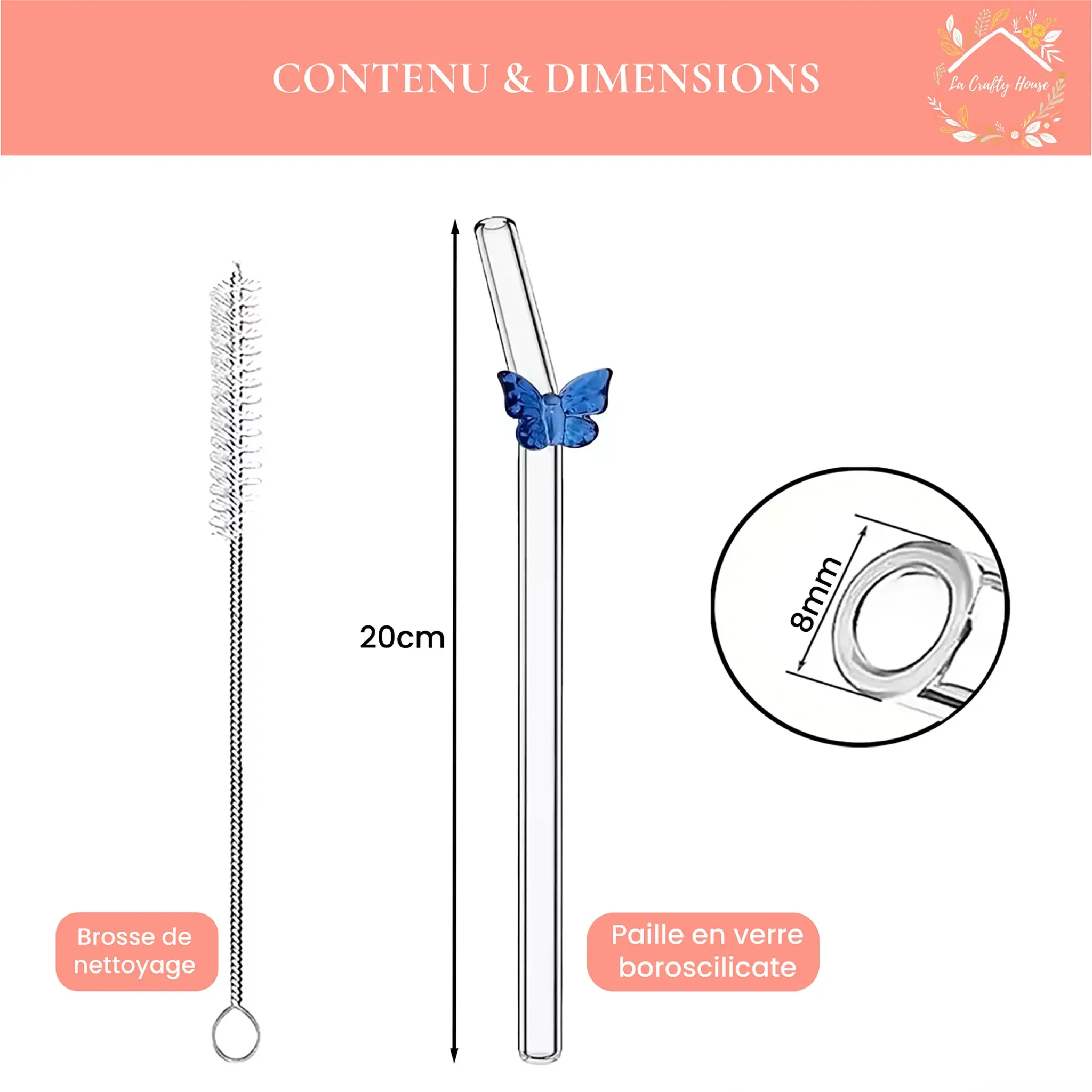 Contenu et dimensions de la paille en verre à papillon, 20 cm et brosse fournie by La Crafty House