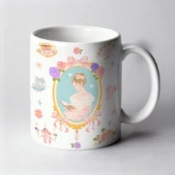 Mug 11oz L'amour entre les Pages version blanche, médaillon doré, roses et papillon bleu by La Crafty House