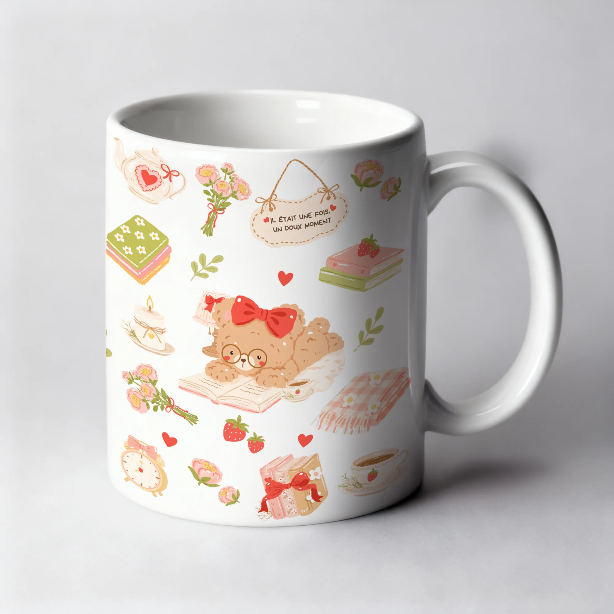 Mug 11oz Mon doux moment version blanche, oursons lecteurs, livres et cœurs rouges by La Crafty House