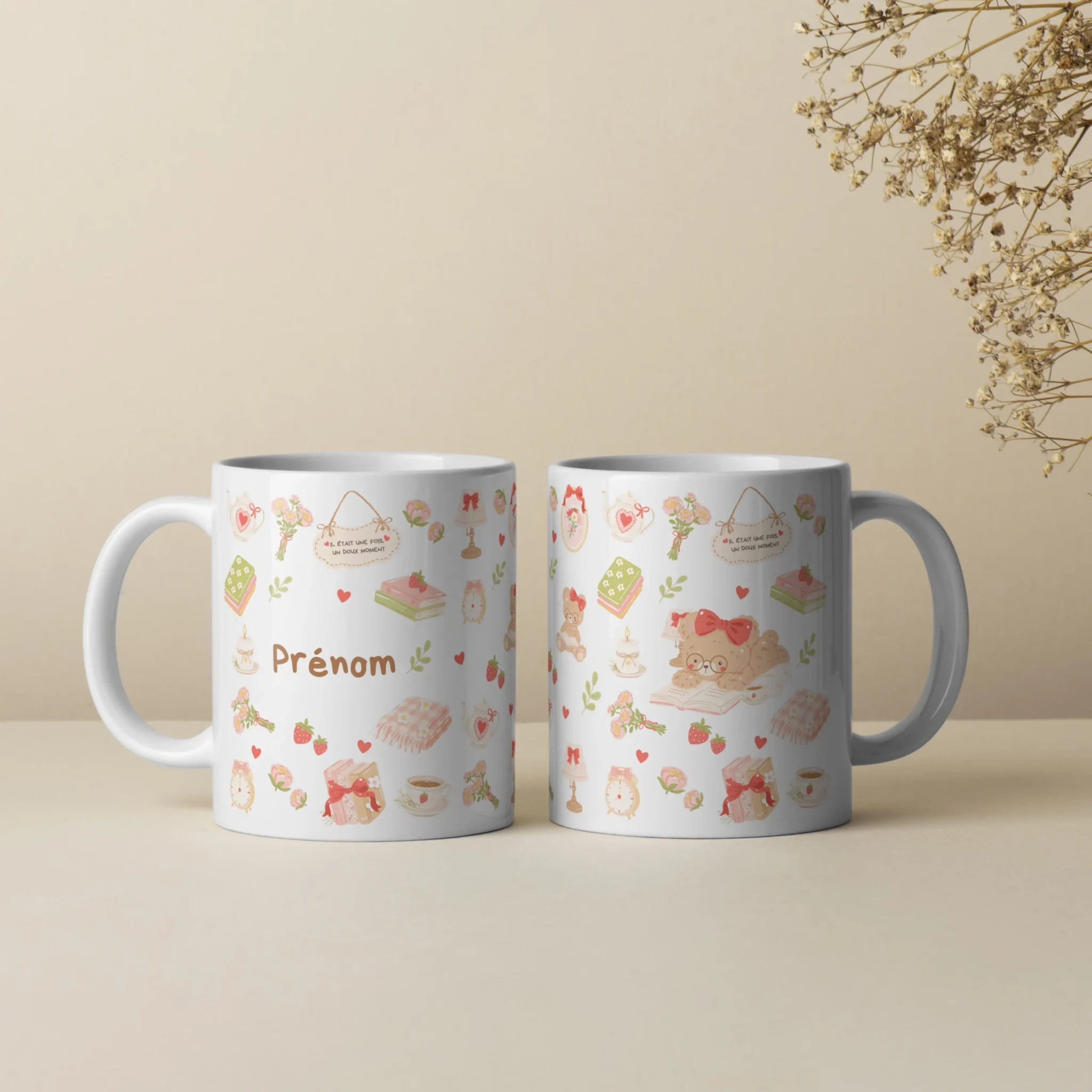 Mug 11oz Mon doux moment, semis d'oursons, de livres et de fraises, deuxième vue by La Crafty House