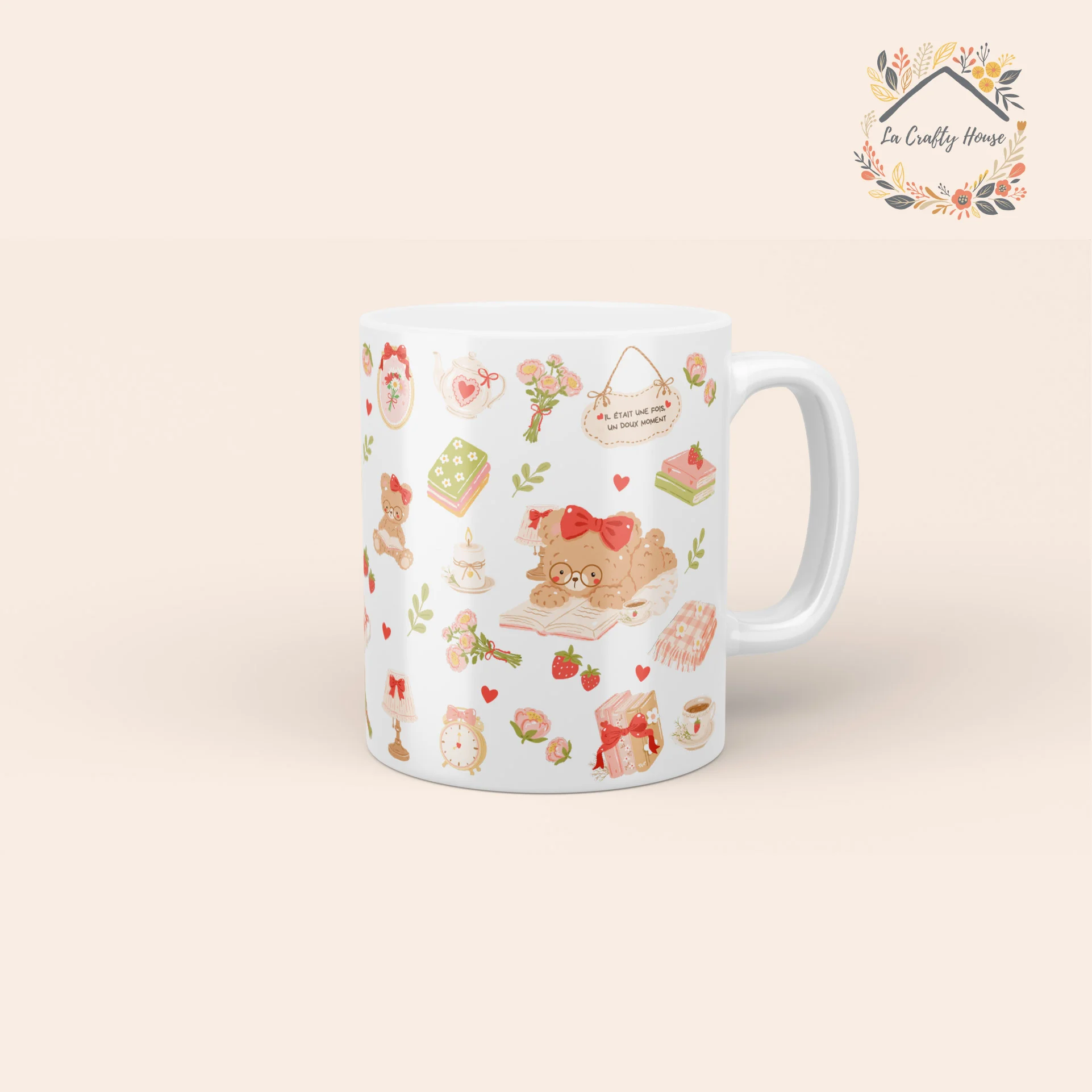 Mug 11oz Mon doux moment blanc, ourson à lunettes, pancarte et fraises by La Crafty House