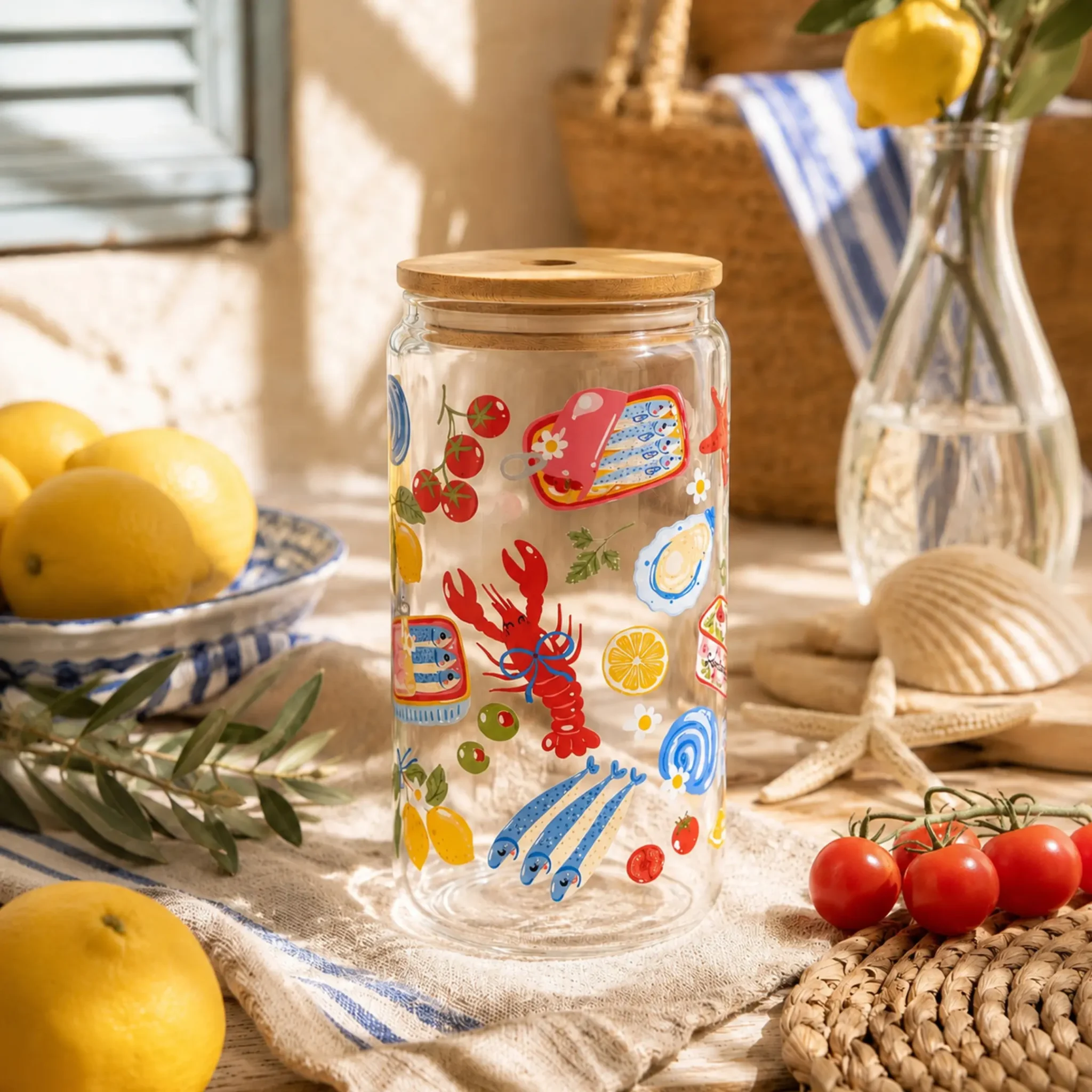 Gobelet canette Brise Salée en verre transparent avec son couvercle en bambou by La Crafty House