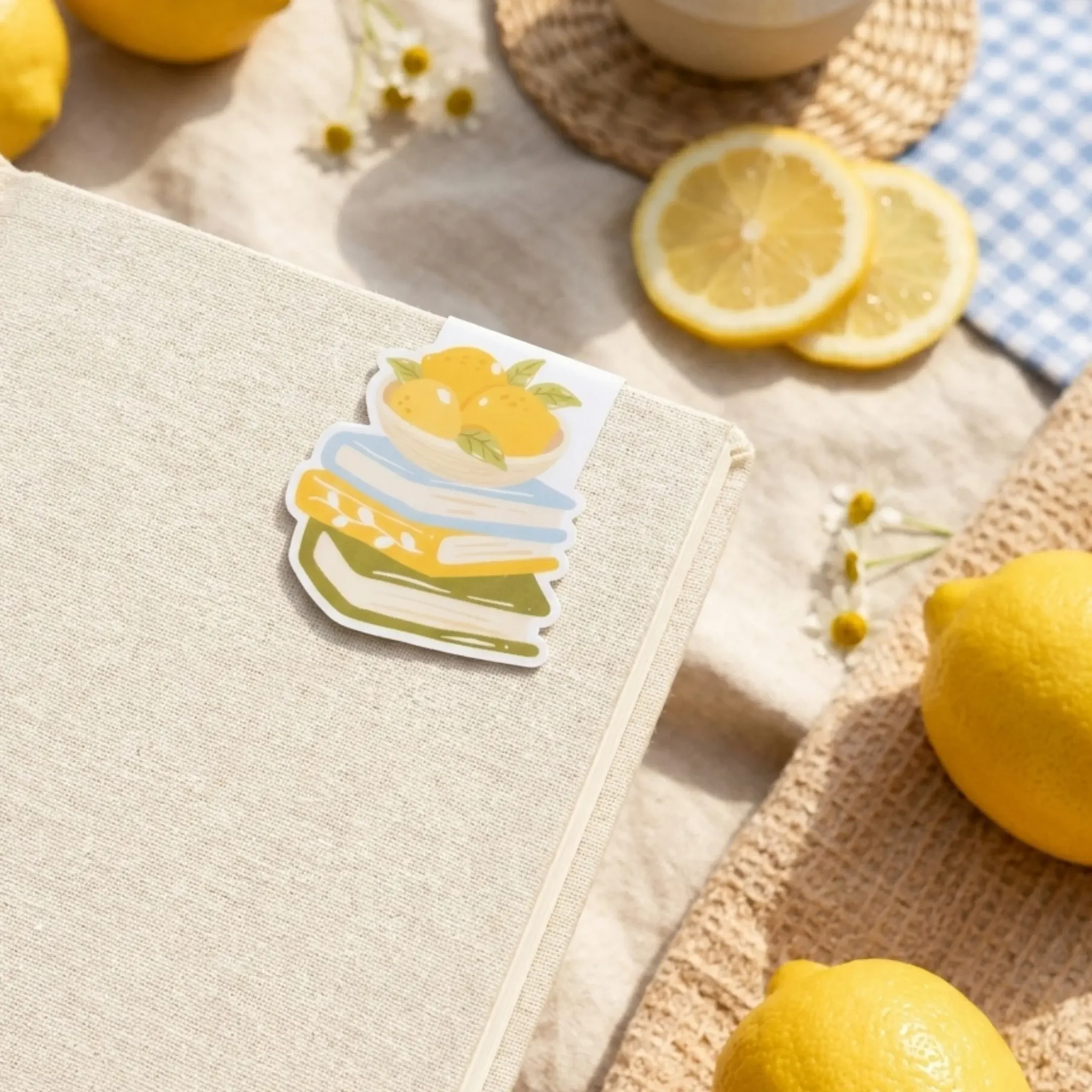 Marque-page magnétique Dolce Limone en pile de livres, posé sur la couverture d'un carnet by La Crafty House