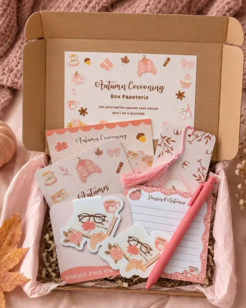Box papeterie Autumn Cocooning ouverte : carte, planche de stickers, marque-pages, bloc-notes et stylo rose sur papier de soie