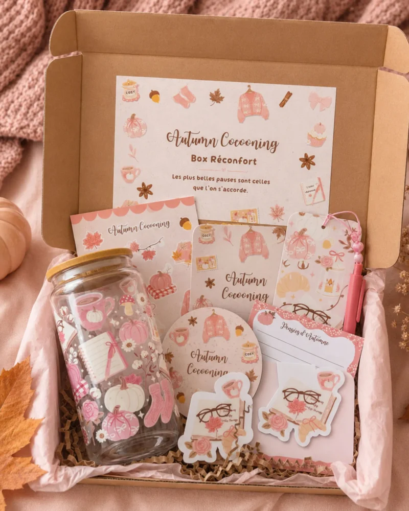Box Réconfort Autumn Cocooning ouverte : gobelet en verre à couvercle bambou, planche de stickers, marque-pages, sous-verre et bloc-notes rose
