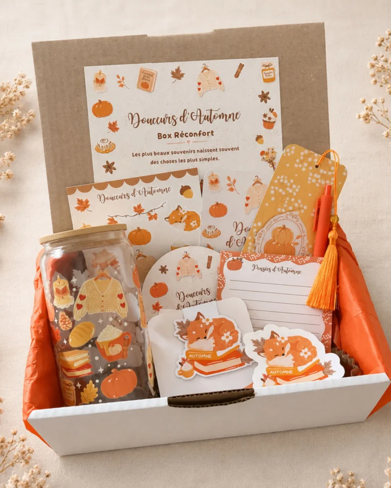 Box Réconfort Douceurs d’Automne ouverte : gobelet en verre à couvercle bambou, planche de stickers renard, marque-page à pompon orange, sous-verre et bloc-notes